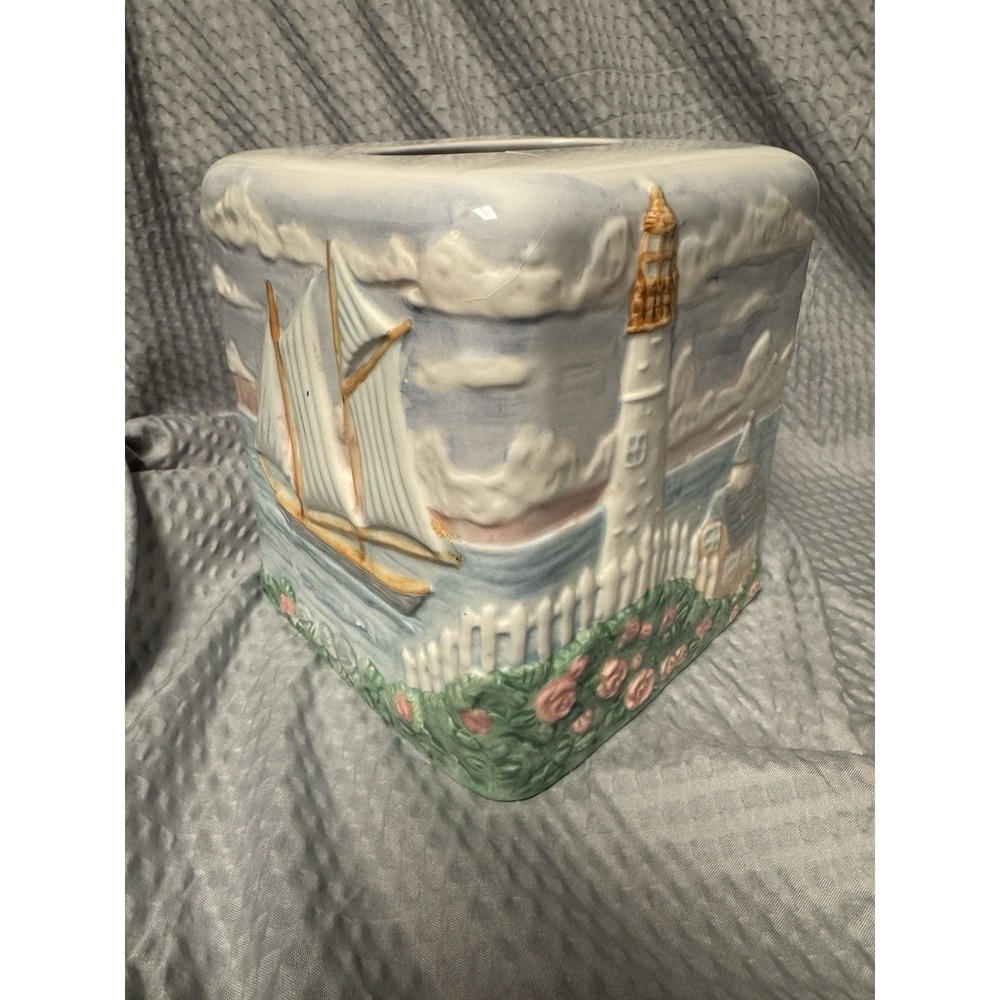 Vintage 1980s Handpainted Ceramic Tissue Box Cover Lighthouse Nautical - Picture 2 of 10